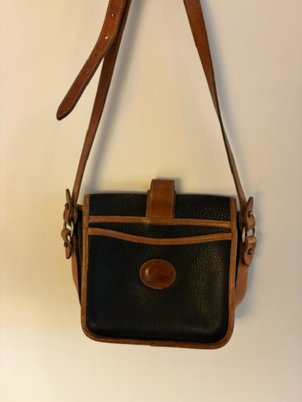 Vintage Dooney & Bourke All Weather Leather Equestrian Crossbody Bag Navy Tan
